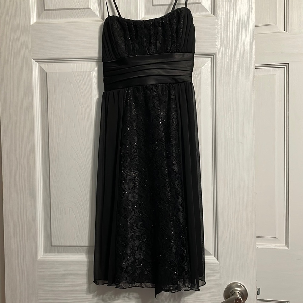 Size S, Black satin and lace, thin strap dress.